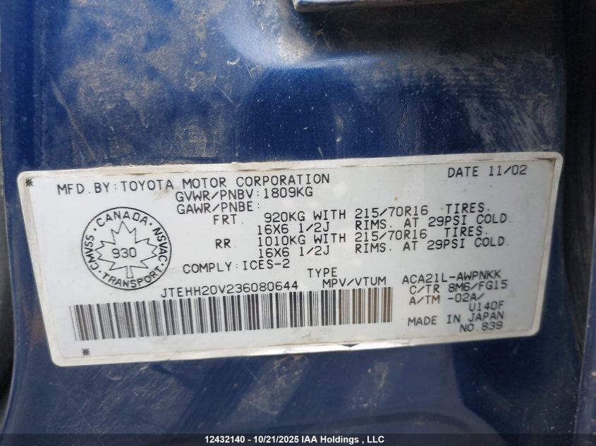 2003 Toyota Rav4 VIN: JTEHH20V236080644 Lot: 12432140