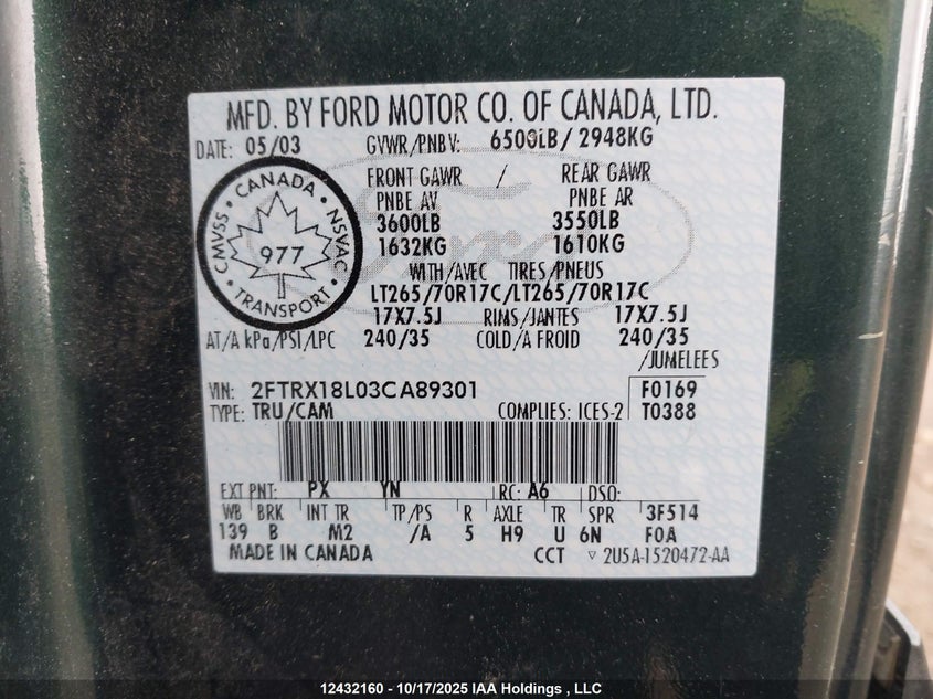 2FTRX18L03CA89301 2003 FORD F-150 photo no. 9