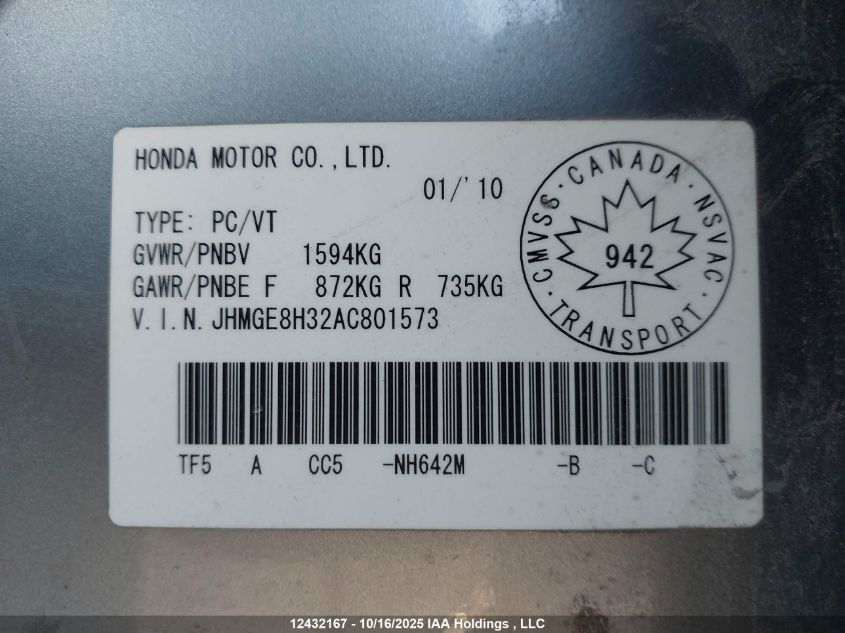 2010 Honda Fit Dx-A VIN: JHMGE8H32AC801573 Lot: 12432167