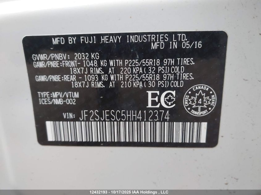 2017 Subaru Forester 2.5I Touring VIN: JF2SJESC5HH412374 Lot: 12432193