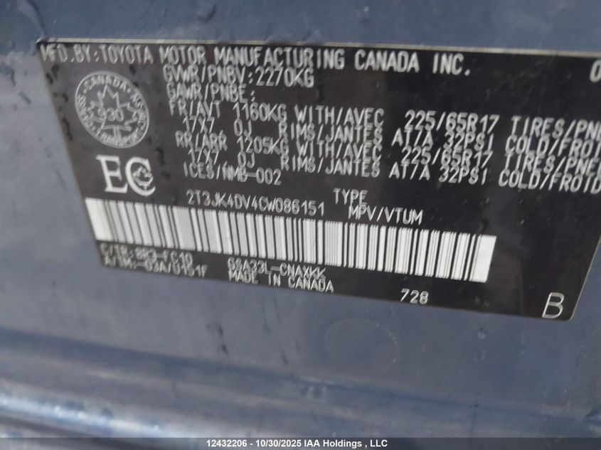 2012 Toyota Rav4 VIN: 2T3JK4DV4CW086151 Lot: 12432206