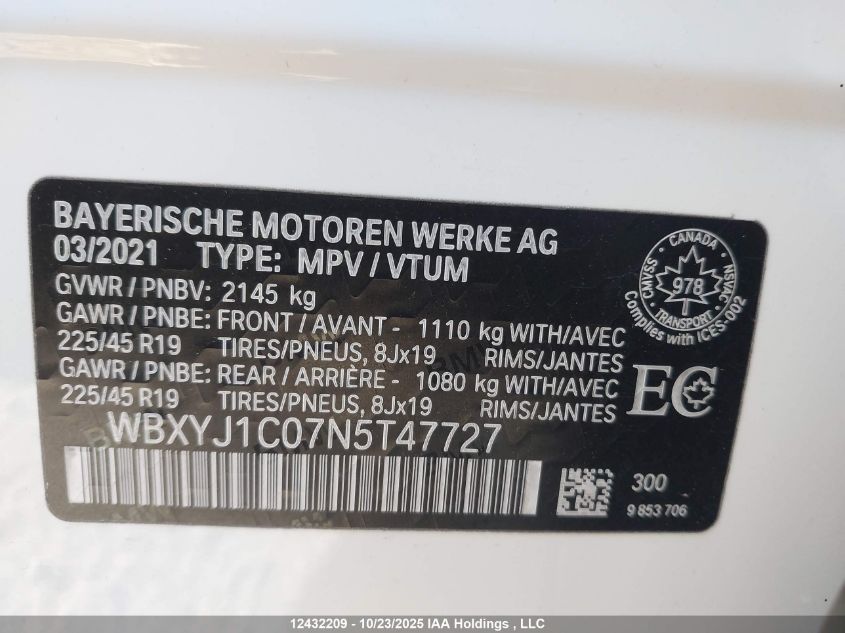 2022 BMW X2 xDrive28I VIN: WBXYJ1C07N5T47727 Lot: 12432209