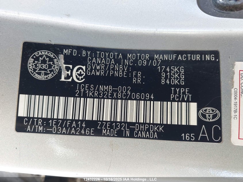 2008 Toyota Corolla Matrix Xr VIN: 2T1KR32EX8C706094 Lot: 12432226