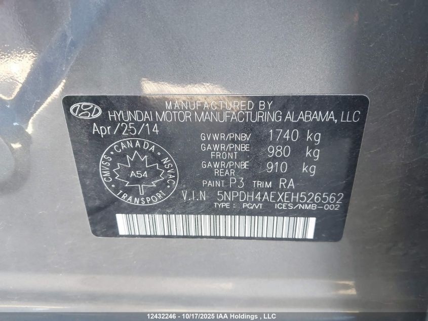 2014 Hyundai Elantra VIN: 5NPDH4AEXEH526562 Lot: 12432246