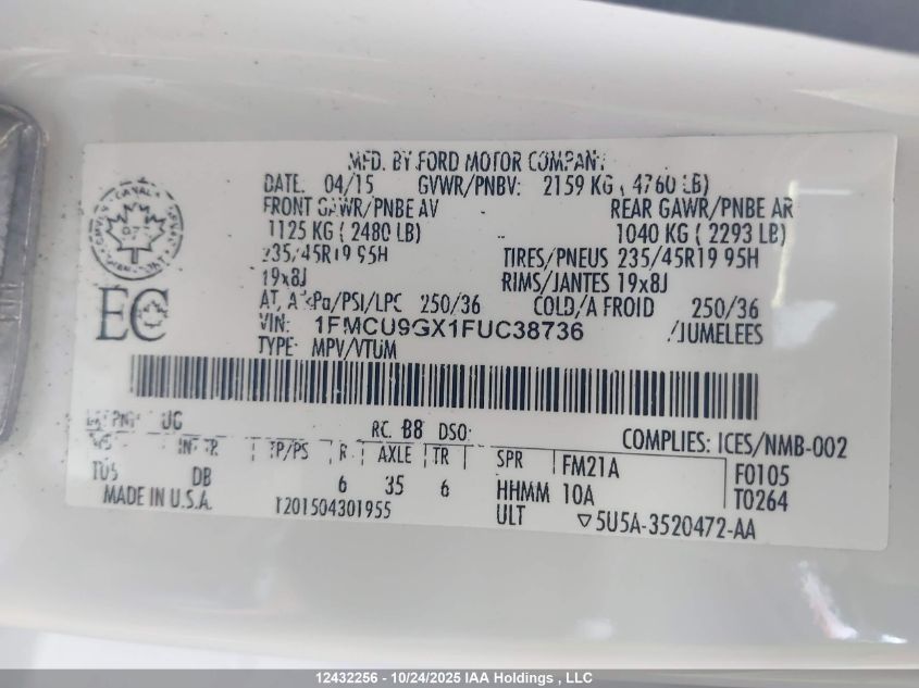 2015 Ford Escape Se VIN: 1FMCU9GX1FUC38736 Lot: 12432256