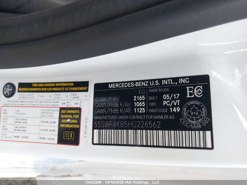 2017 Mercedes-Benz C 300 4Matic VIN: 55SWF4KB5HU226562 Lot: 12432266