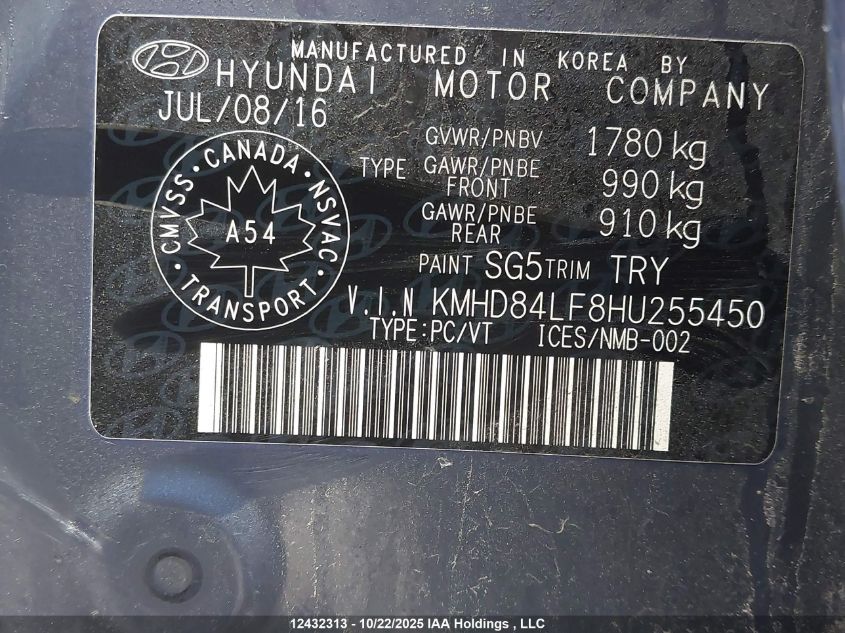 2017 Hyundai Elantra Limited VIN: KMHD84LF8HU255450 Lot: 12432313