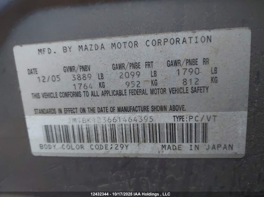 2006 Mazda Mazda3 Gt VIN: JM1BK123661464395 Lot: 12432344