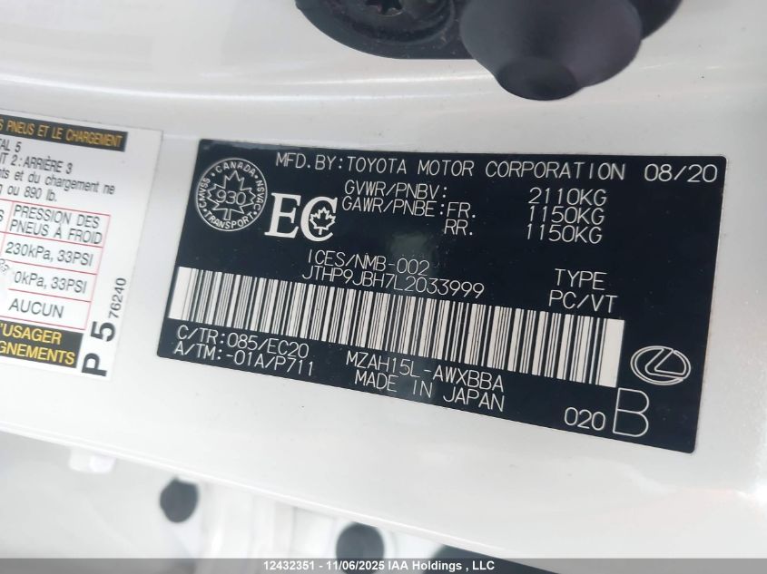 2020 Lexus Ux 250H VIN: JTHP9JBH7L2033999 Lot: 12432351