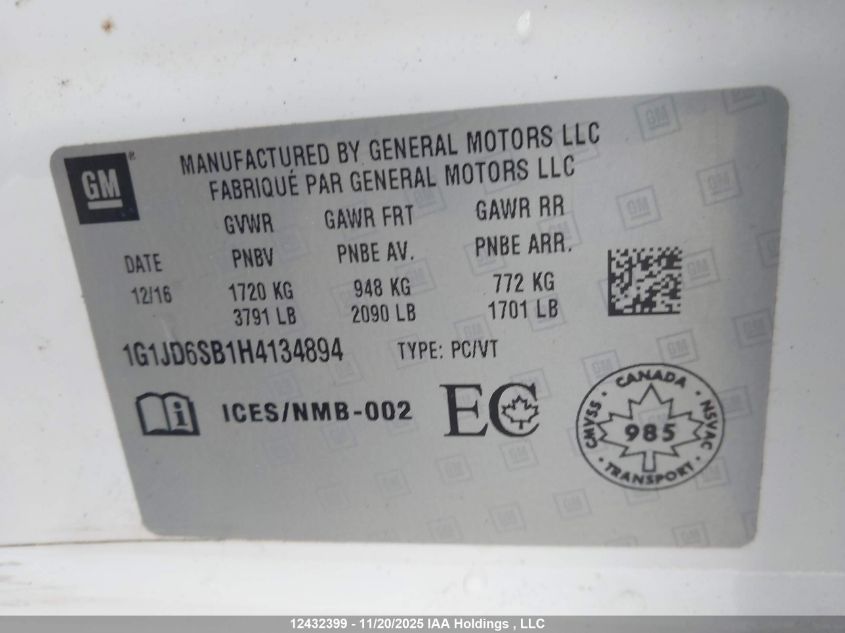 2017 Chevrolet Sonic Lt VIN: 1G1JD6SB1H4134894 Lot: 12432399