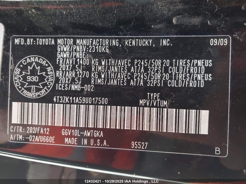 4T3ZK11A59U017500 2009 TOYOTA VENZA photo no. 9