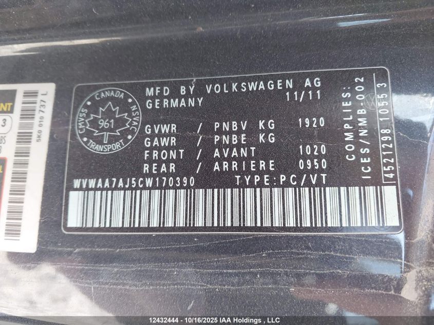 2012 Volkswagen Golf 2.5L Sportline/2.5L Trendline VIN: WVWAA7AJ5CW170390 Lot: 12432444