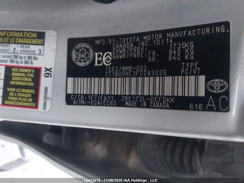 2015 Toyota Corolla L/Le/Le Pls/Prm/S/S Pls VIN: 2T1BURHE3FC283025 Lot: 12432476
