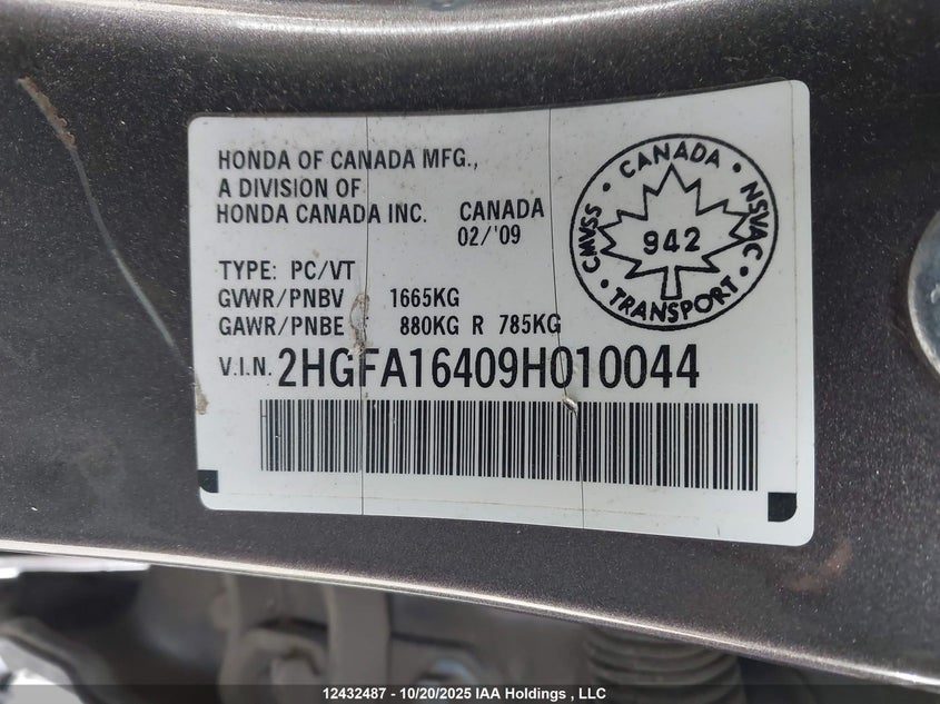2HGFA16409H010044 2009 HONDA CIVIC photo no. 9