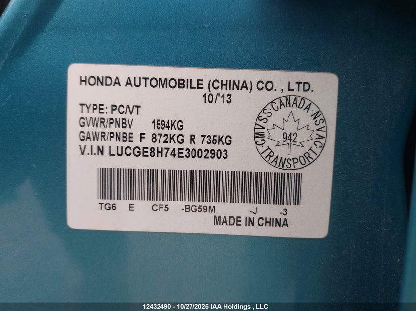 LUCGE8H74E3002903 2014 HONDA FIT photo no. 9