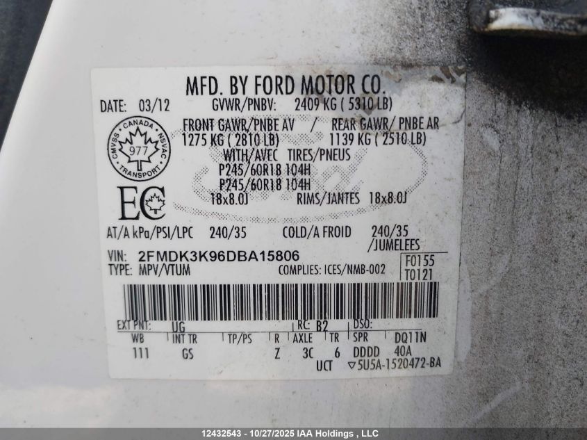 2013 Ford Edge VIN: 2FMDK3K96DBA15806 Lot: 12432543