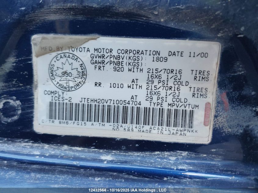 2001 Toyota Rav4 VIN: JTEHH20V710054704 Lot: 12432564