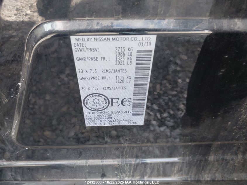 2019 Infiniti Qx60 Pure VIN: 5N1DL0MM2KC559746 Lot: 12432568