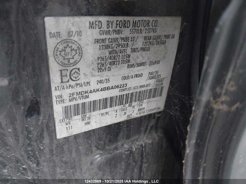 2011 Ford Edge Sport VIN: 2FMDK4AK4BBA06223 Lot: 12432569