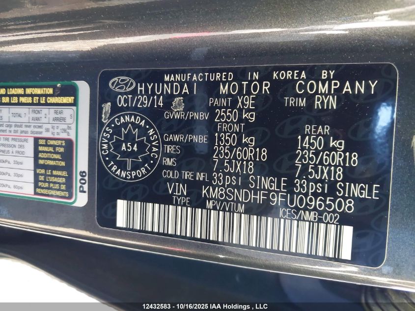 2015 Hyundai Santa Fe Gls/Limited VIN: KM8SNDHF9FU096508 Lot: 12432583