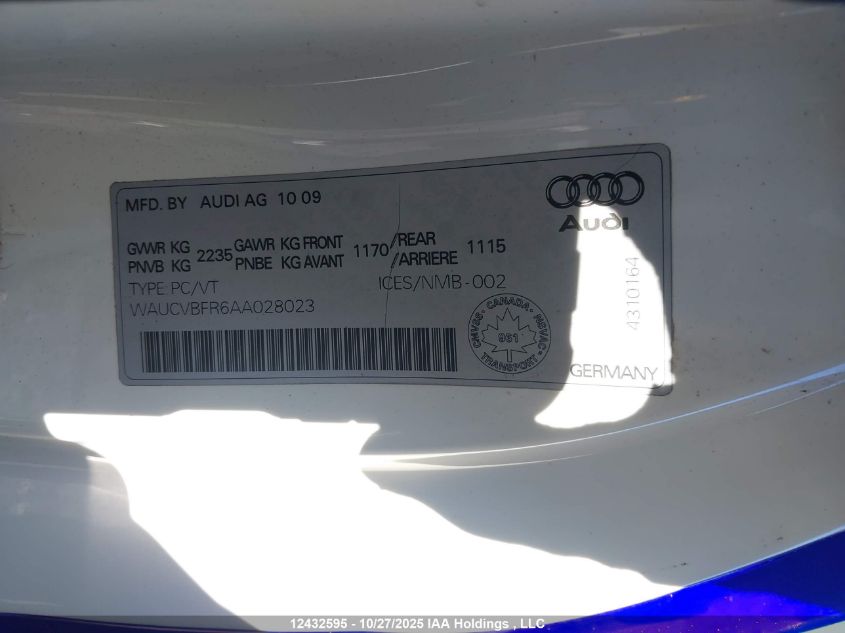 2010 Audi S5 Premium Plus VIN: WAUCVBFR6AA028023 Lot: 12432595