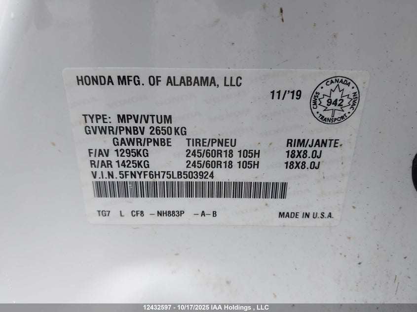 5FNYF6H75LB503924 2020 HONDA PILOT photo no. 9