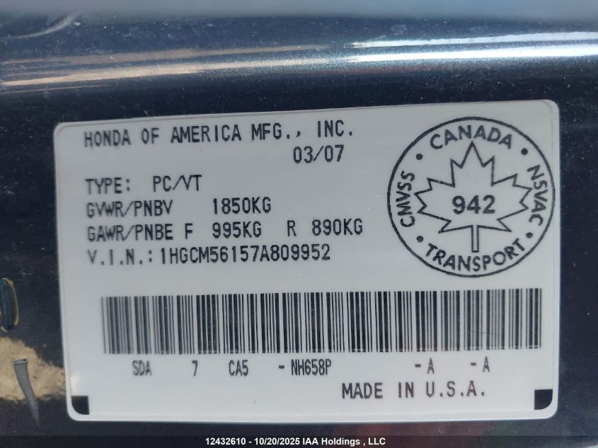 2007 Honda Accord Dx-G VIN: 1HGCM56157A809952 Lot: 12432610