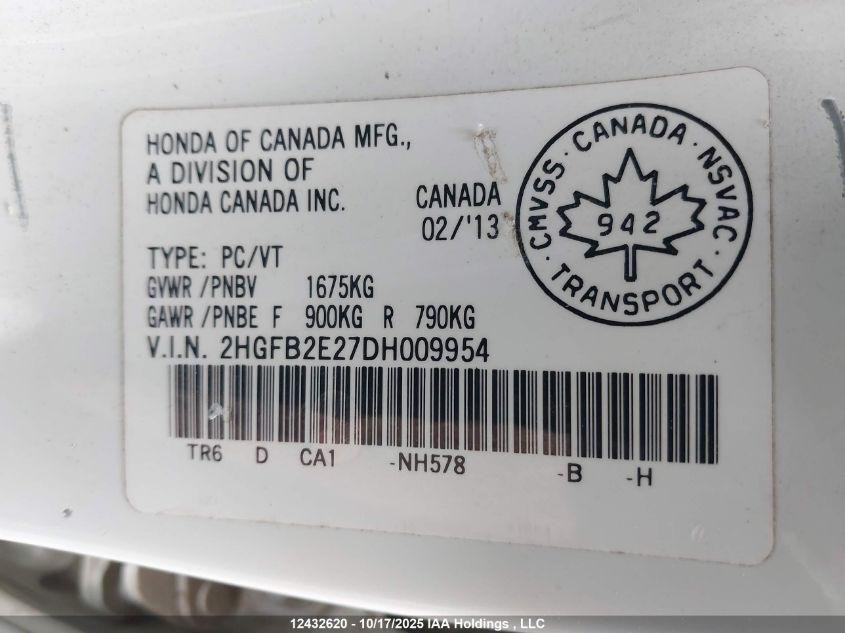 2013 Honda Civic Dx VIN: 2HGFB2E27DH009954 Lot: 12432620