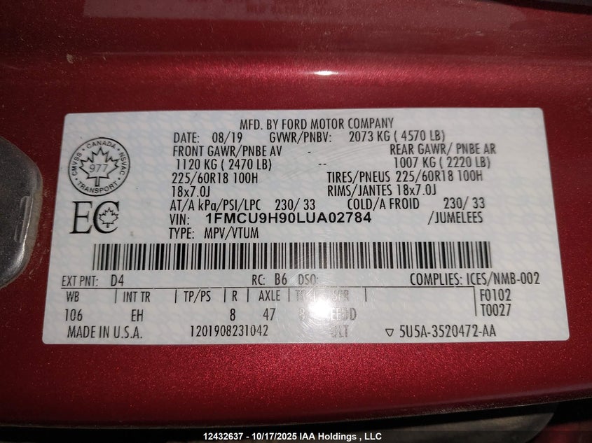 1FMCU9H90LUA02784 2020 FORD ESCAPE photo no. 9