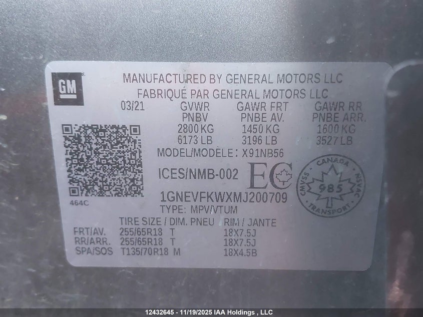 2021 Chevrolet Traverse VIN: 1GNEVFKWXMJ200709 Lot: 12432645