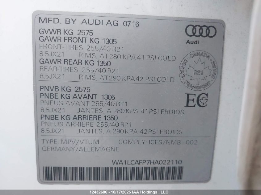 2017 Audi Sq5 Technik VIN: WA1LCAFP7HA022110 Lot: 12432686