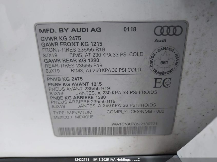 2018 Audi Q5 Prestige VIN: WA1CNAFY2J2130721 Lot: 12432711