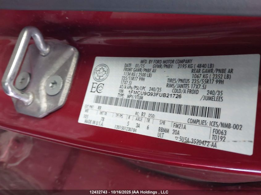 2015 Ford Escape Se VIN: 1FMCU9G93FUB21726 Lot: 12432743