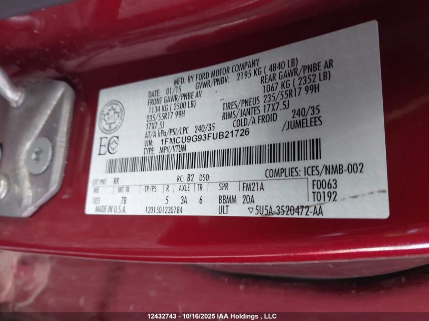 2015 Ford Escape Se VIN: 1FMCU9G93FUB21726 Lot: 12432743