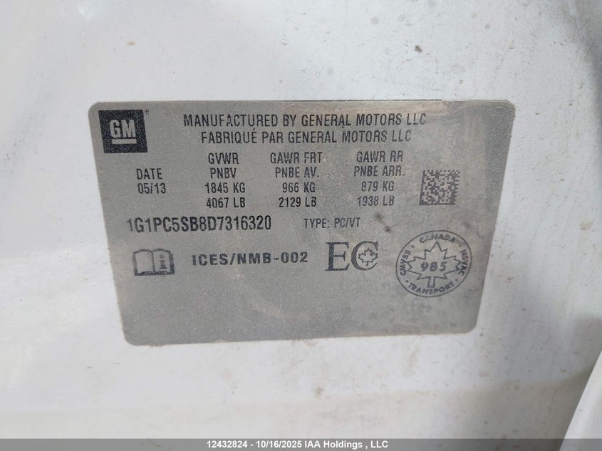 2013 Chevrolet Cruze Lt Turbo VIN: 1G1PC5SB8D7316320 Lot: 12432824