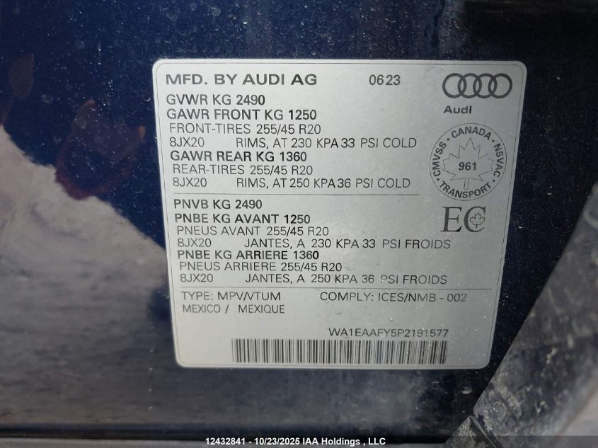 2023 Audi Q5 45 Progressiv VIN: WA1EAAFY5P2181577 Lot: 12432841