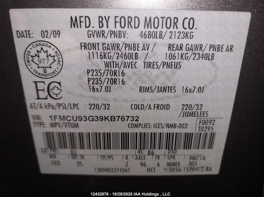 1FMCU93G39KB76732 2009 FORD ESCAPE photo no. 9