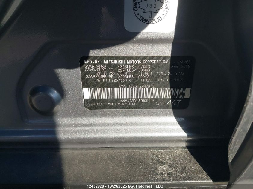 2018 Mitsubishi Rvr Se Limited/Gt VIN: JA4AJ4AW5JZ609698 Lot: 12432929