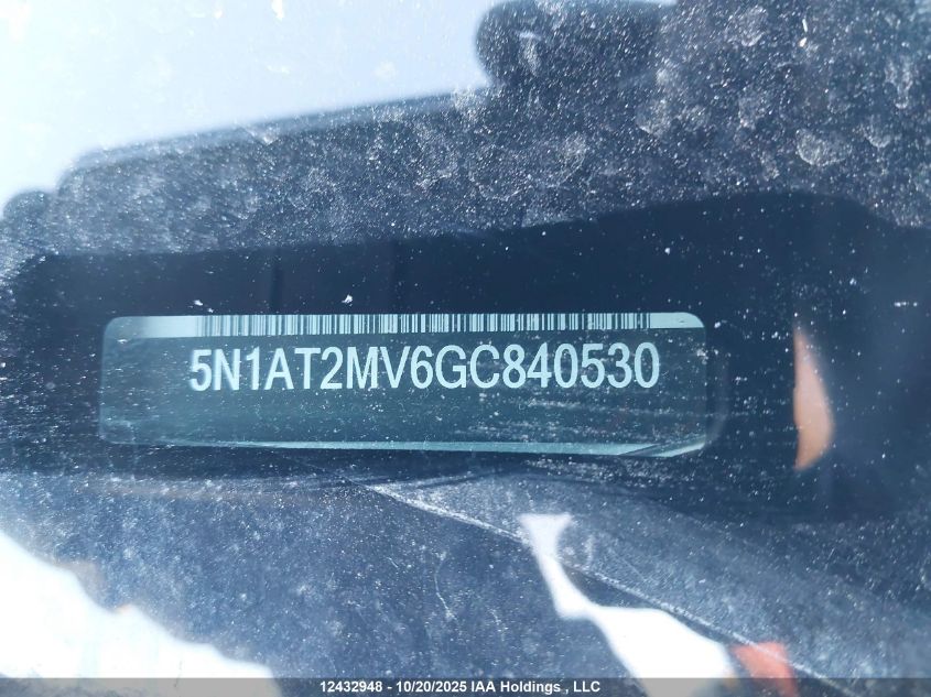 2016 Nissan Rogue S/Sl/Sv VIN: 5N1AT2MV6GC840530 Lot: 12432948