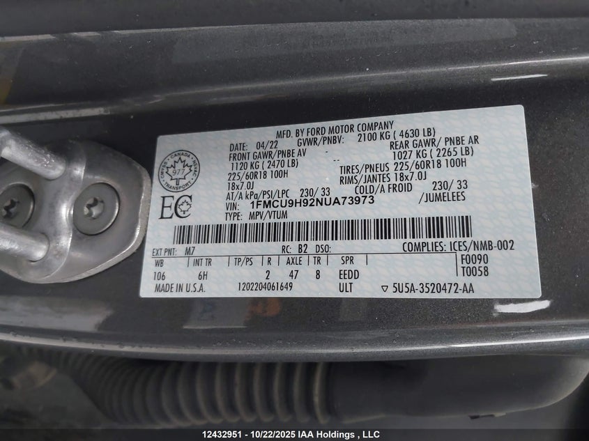 2022 Ford Escape Sel VIN: 1FMCU9H92NUA73973 Lot: 12432951