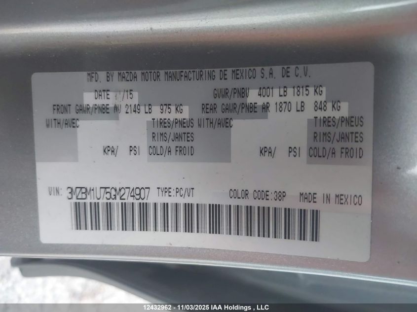 2016 Mazda 3 Sport VIN: 3MZBM1U75GM274907 Lot: 12432962