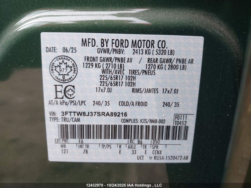 2025 Ford Maverick Xlt VIN: 3FTTW8J37SRA89216 Lot: 12432970