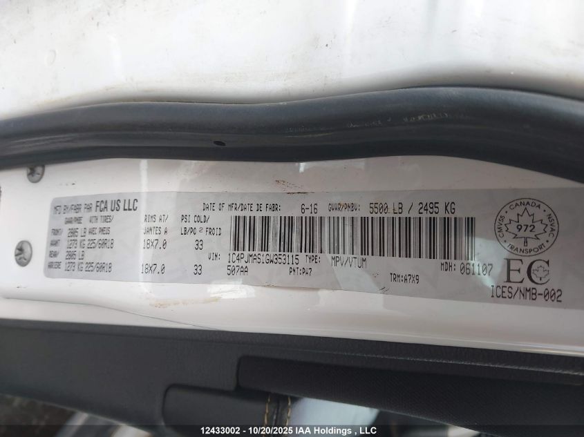 2016 Jeep Cherokee VIN: 1C4PJMAS1GW353115 Lot: 12433002