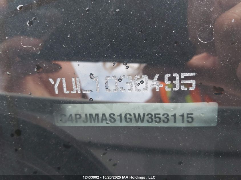 2016 Jeep Cherokee VIN: 1C4PJMAS1GW353115 Lot: 12433002