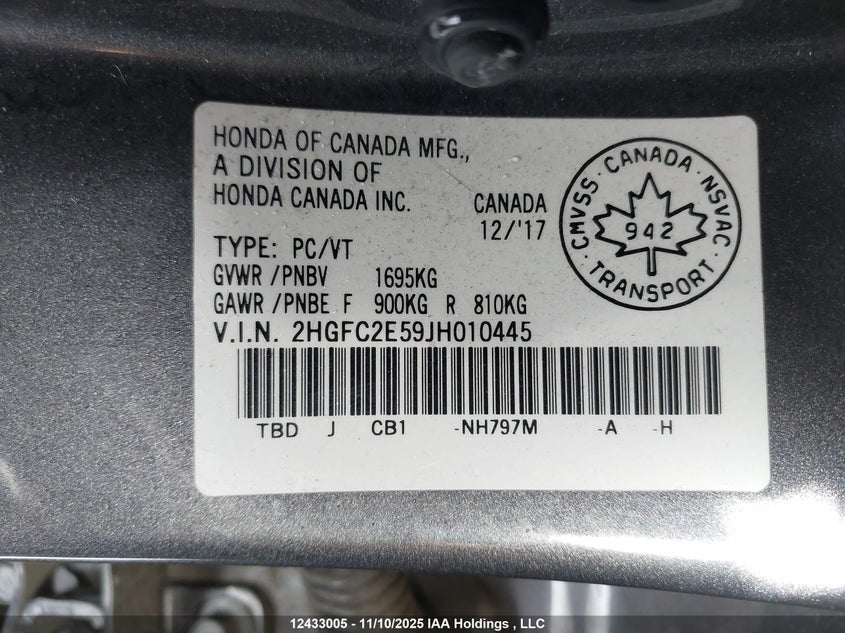 2018 Honda Civic Lx VIN: 2HGFC2E59JH010445 Lot: 12433005