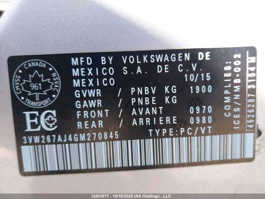2016 Volkswagen Jetta VIN: 3VW267AJ4GM270845 Lot: 12433017