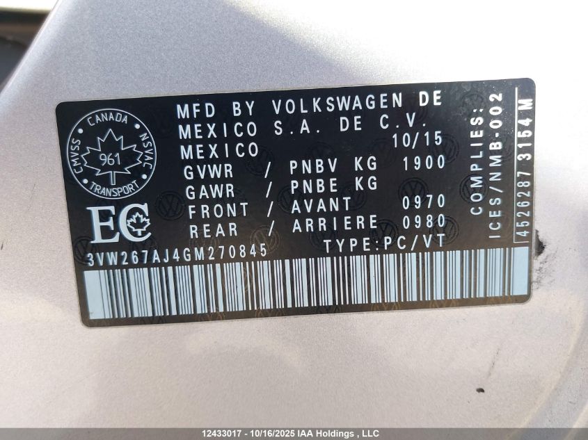 2016 Volkswagen Jetta VIN: 3VW267AJ4GM270845 Lot: 12433017