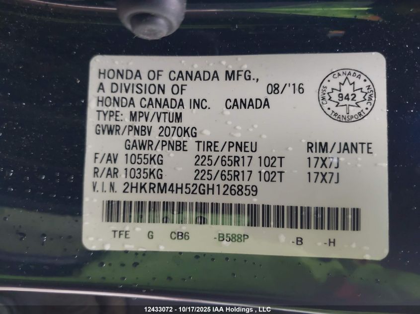 2016 Honda Cr-V Ex VIN: 2HKRM4H52GH126859 Lot: 12433072