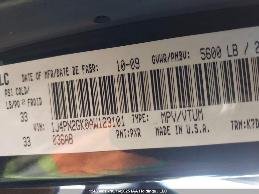 1J4PN2GK0AW123101 2010 JEEP LIBERTY (NORTH AMERICA) photo no. 9
