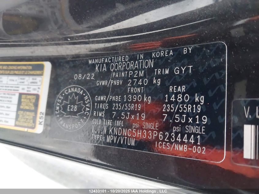 2023 Kia Carnival Ex VIN: KNDNC5H33P6234441 Lot: 12433101